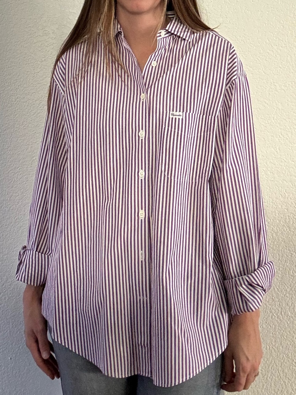 100% cotton purple and white striped top